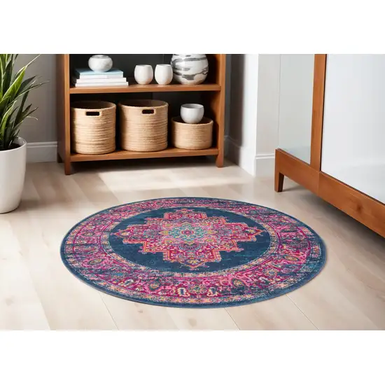 5' Blue And Pink Medallion Distressed Round Rug Photo 2
