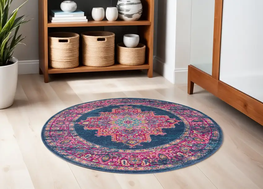 5' Blue And Pink Medallion Distressed Round Rug Photo 2