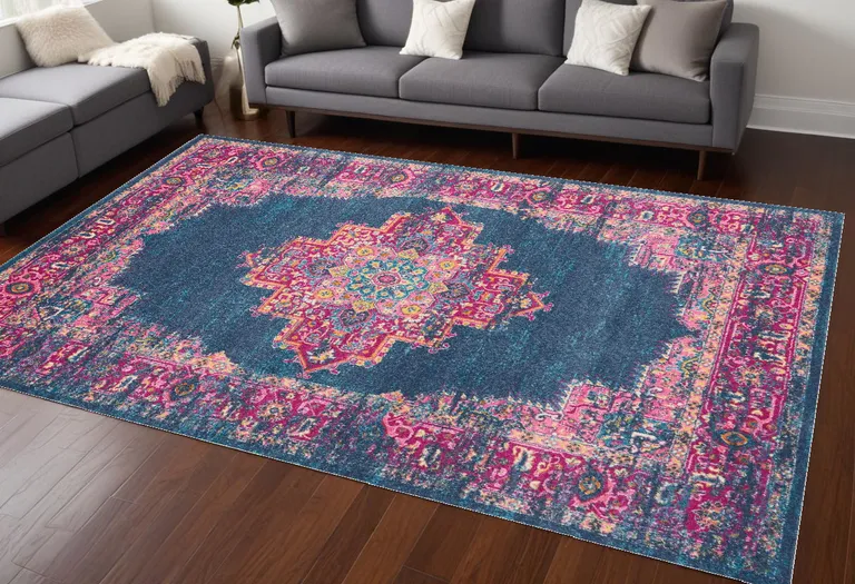 Blue and Pink Medallion Area Rug Photo 3