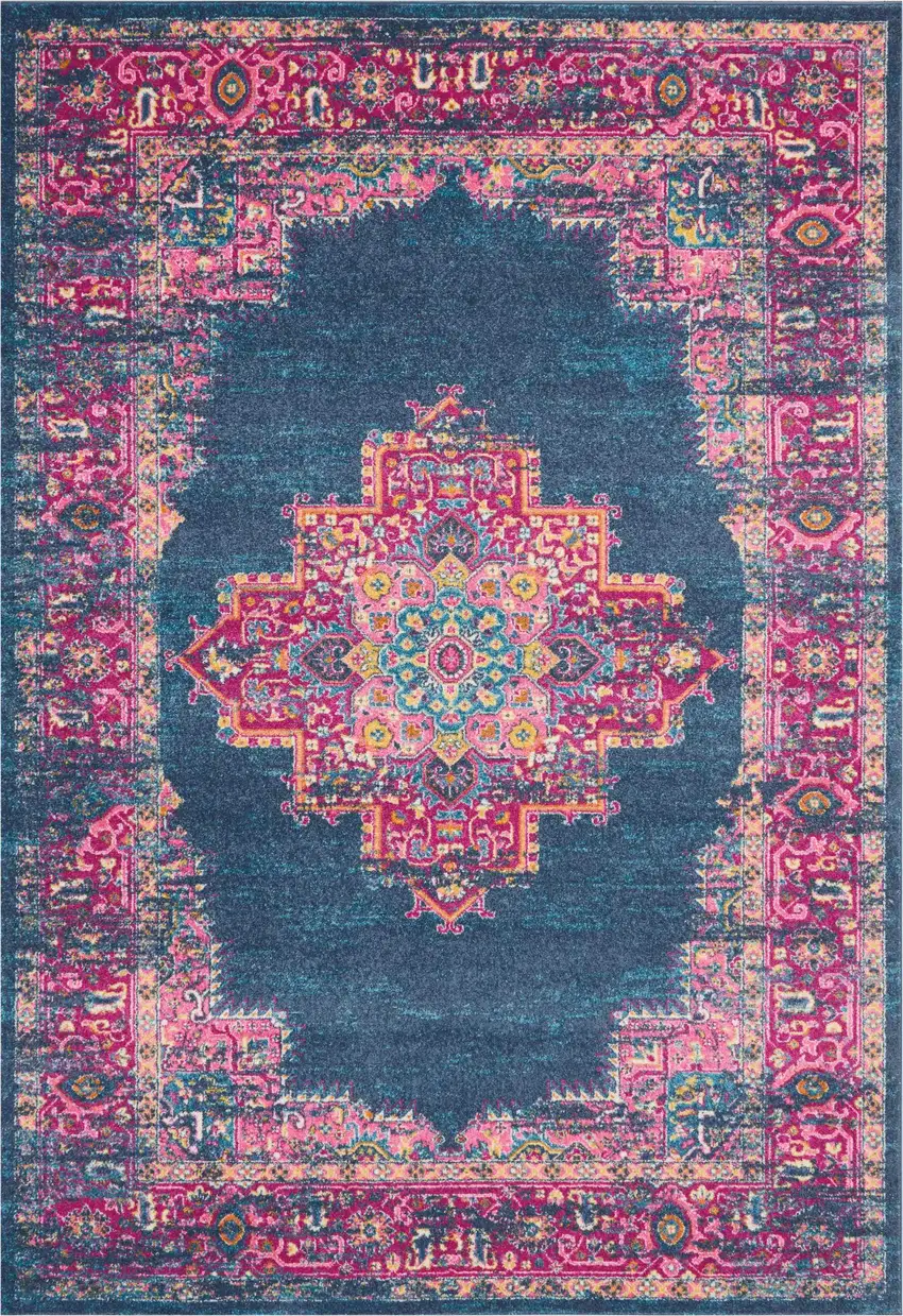 Blue And Pink Medallion Distressed Area Rug Photo 3