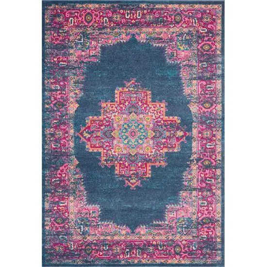 Blue And Pink Medallion Distressed Area Rug Photo 3