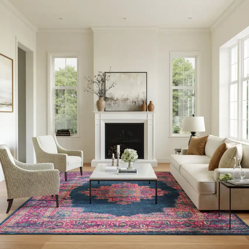 Blue And Pink Medallion Distressed Area Rug Photo 4