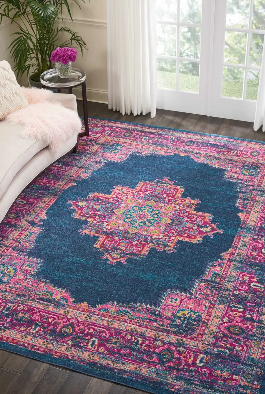 Blue and Pink Medallion Area Rug Photo 5