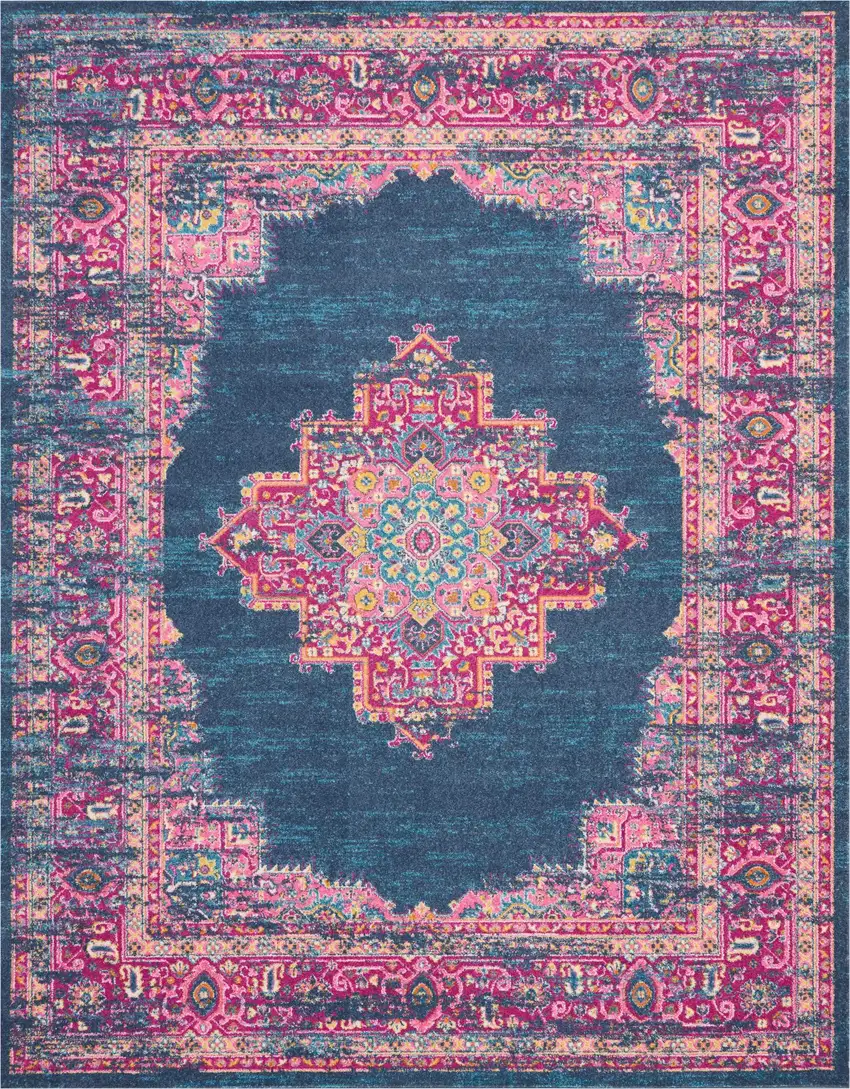 Blue And Pink Medallion Distressed Area Rug Photo 3