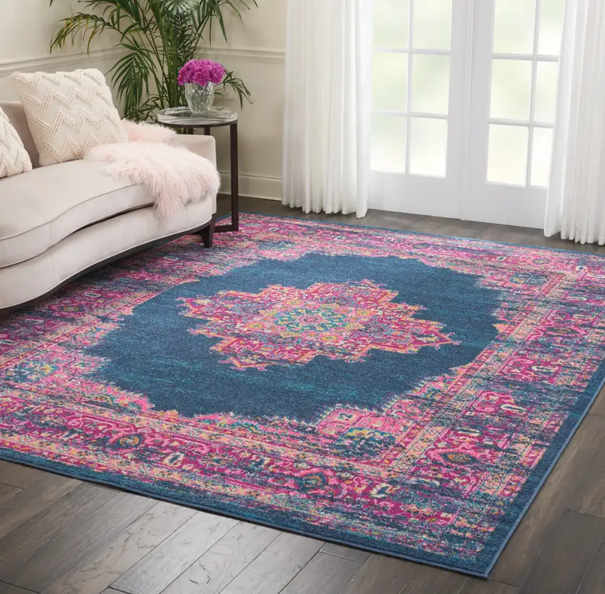 Blue And Pink Medallion Distressed Area Rug Photo 8