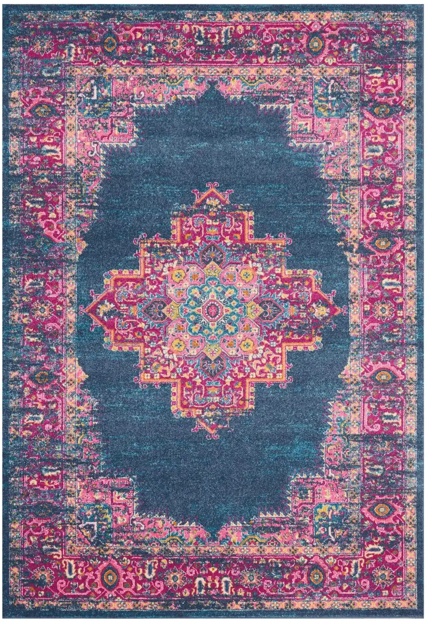 Blue And Pink Medallion Distressed Area Rug Photo 7