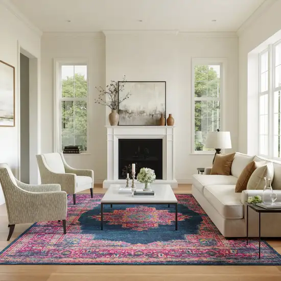 Blue And Pink Medallion Distressed Area Rug Photo 4