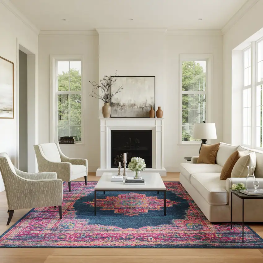 Blue And Pink Medallion Distressed Area Rug Photo 4