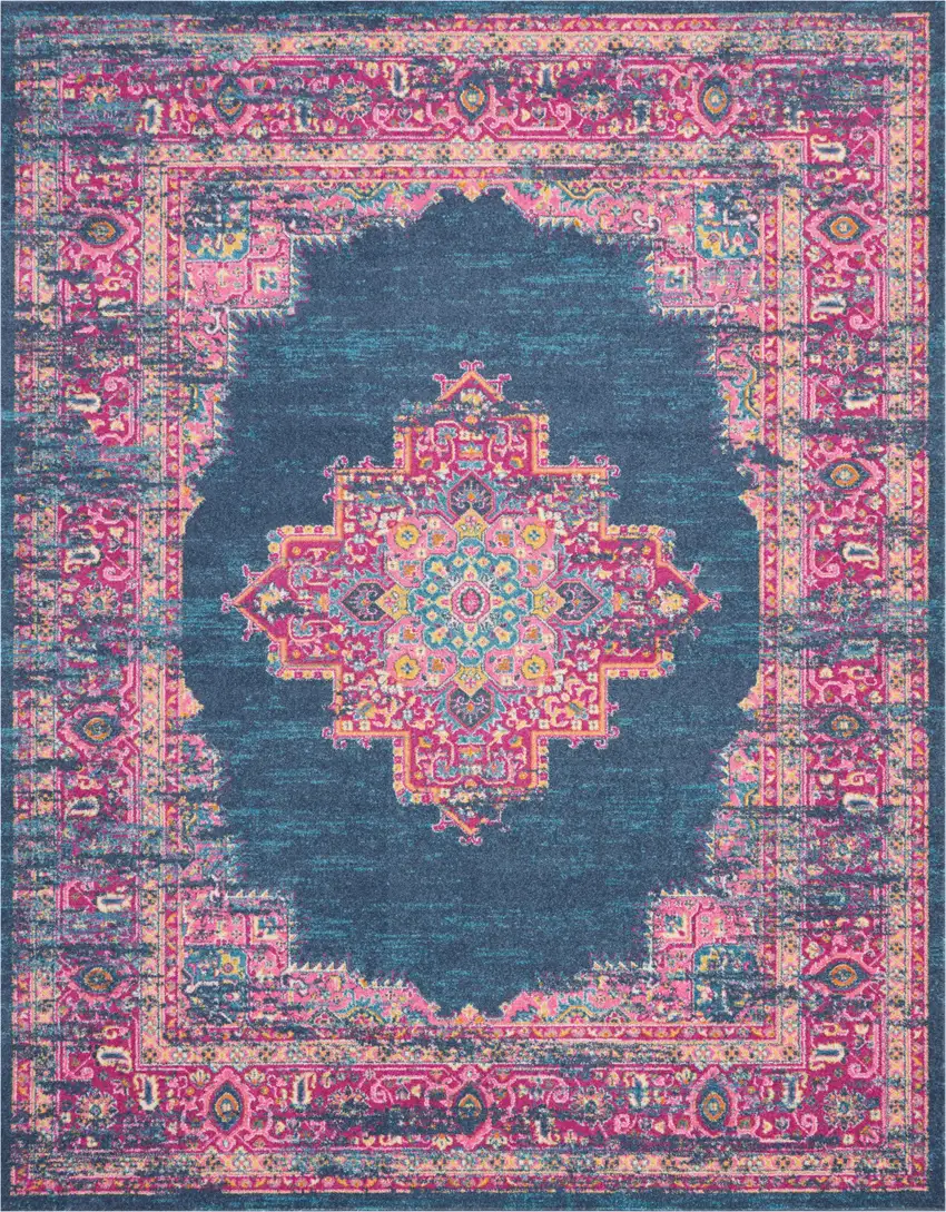 Blue And Pink Medallion Distressed Area Rug Photo 9