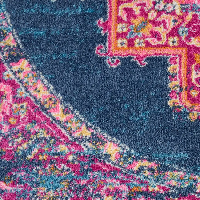 8' Blue And Pink Medallion Distressed Round Rug Photo 9