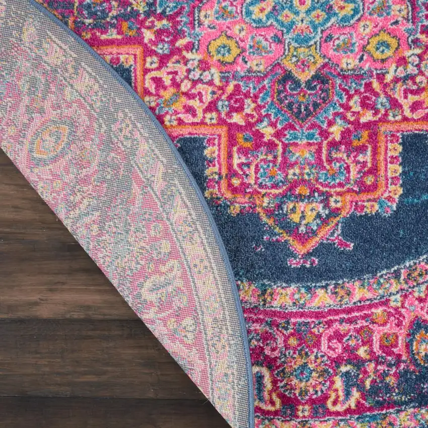 8' Blue And Pink Medallion Distressed Round Rug Photo 7