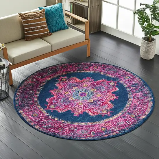 8' Blue And Pink Medallion Distressed Round Rug Photo 2