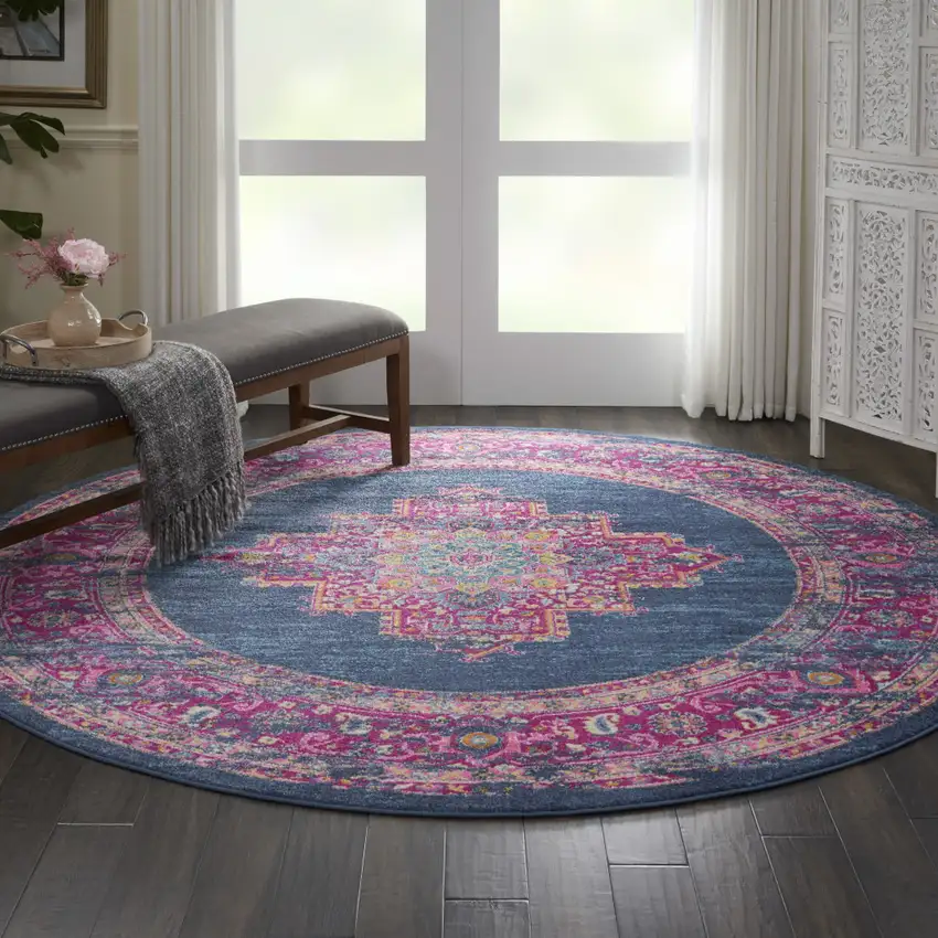 8' Blue And Pink Medallion Distressed Round Rug Photo 5