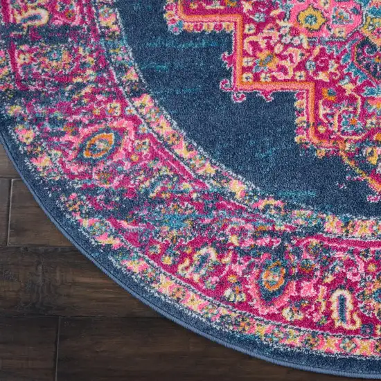 8' Blue And Pink Medallion Distressed Round Rug Photo 8