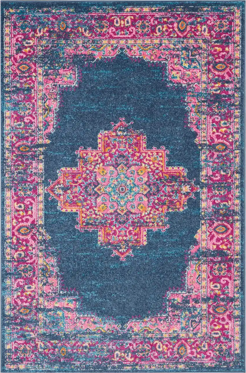 Blue And Pink Medallion Distressed Area Rug Photo 1