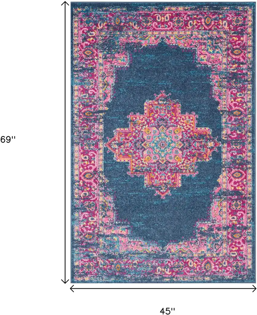 Blue And Pink Medallion Distressed Area Rug Photo 6