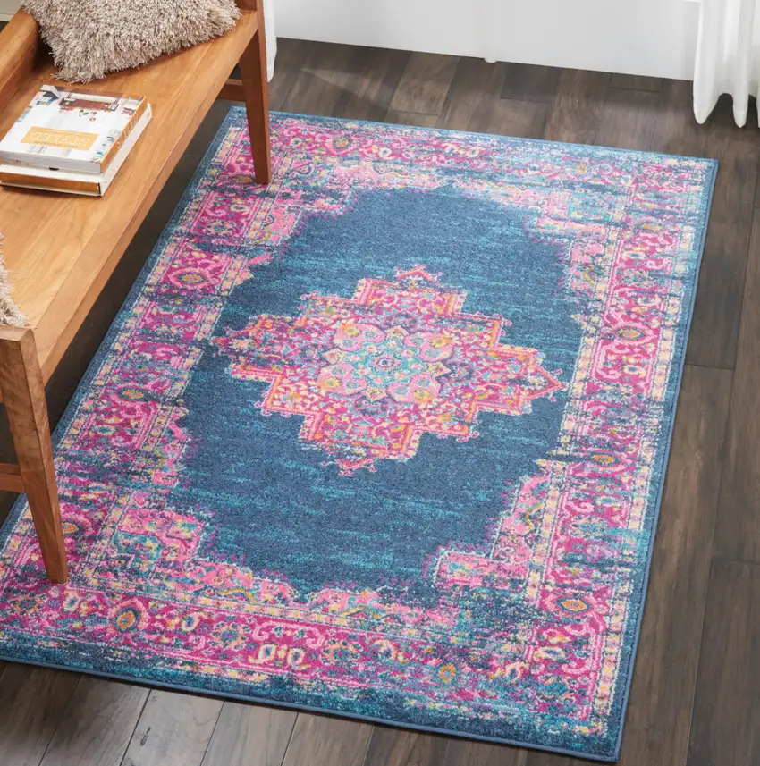 Blue And Pink Medallion Distressed Area Rug Photo 5