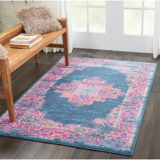 Blue And Pink Medallion Distressed Area Rug Photo 4