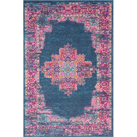 Blue And Pink Medallion Distressed Area Rug Photo 8