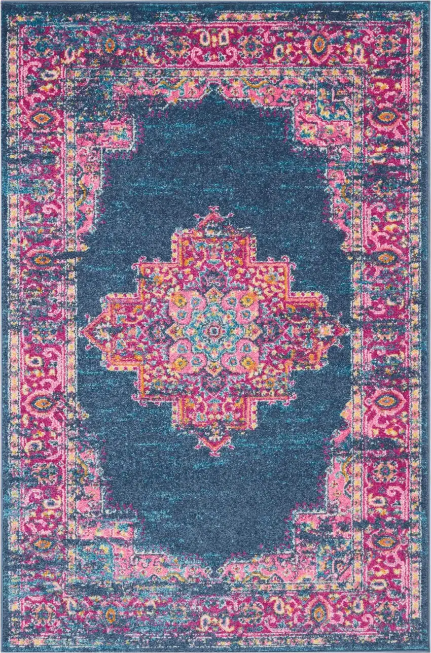 Blue And Pink Medallion Distressed Area Rug Photo 8