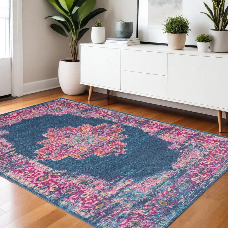 Blue and Pink Medallion Area Rug Photo 2