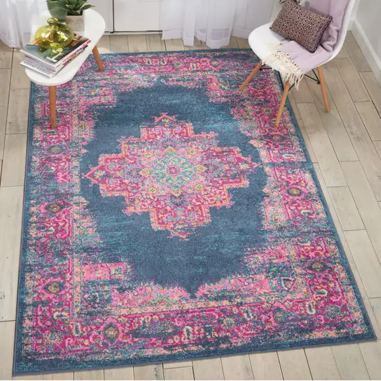 Blue And Pink Medallion Distressed Area Rug Photo 6