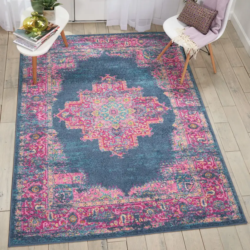 Blue And Pink Medallion Distressed Area Rug Photo 6