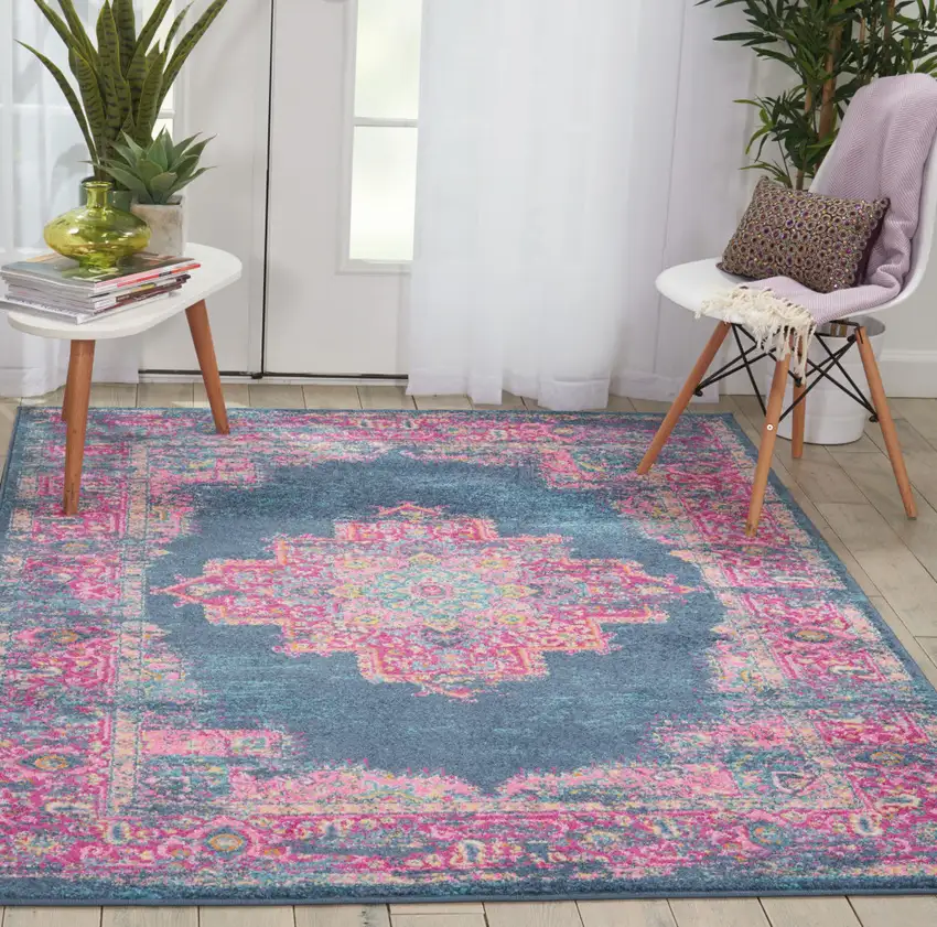 Blue And Pink Medallion Distressed Area Rug Photo 5