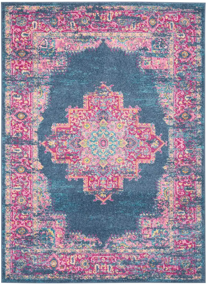 Blue And Pink Medallion Distressed Area Rug Photo 2