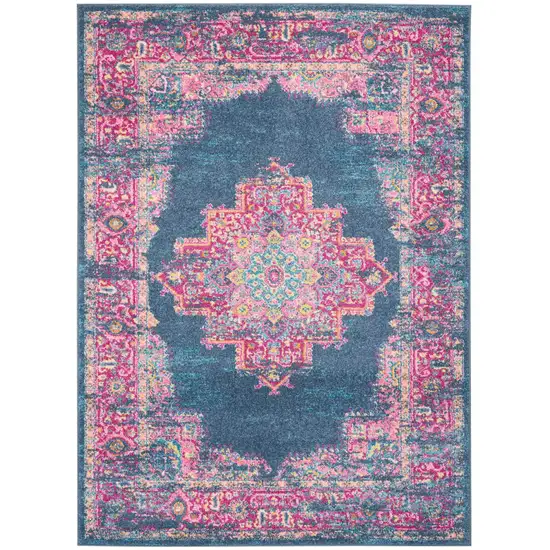 Blue And Pink Medallion Distressed Area Rug Photo 1