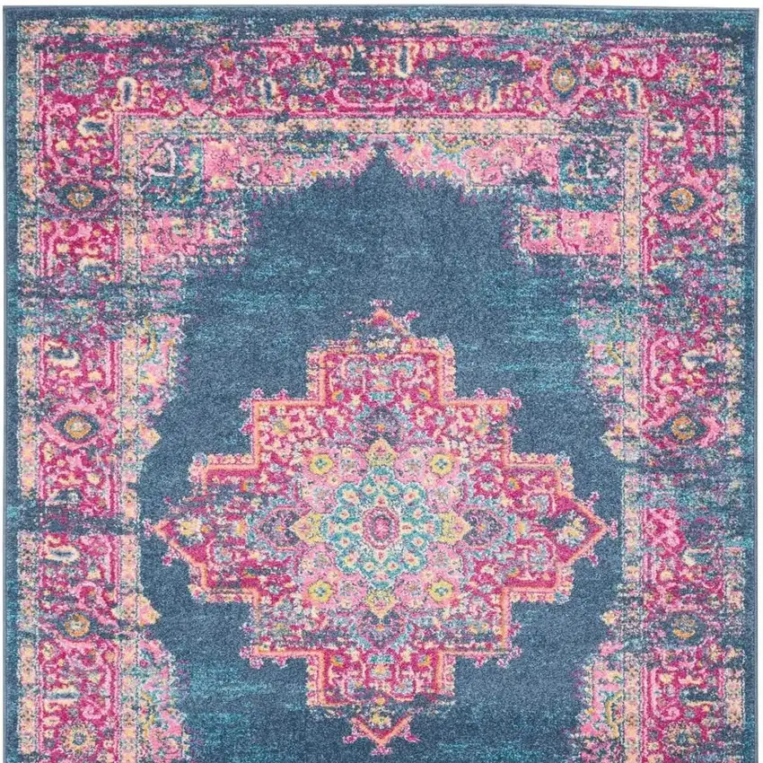 Blue And Pink Medallion Distressed Area Rug Photo 4