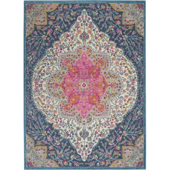 Blue And Ivory Medallion Distressed Area Rug Photo 9