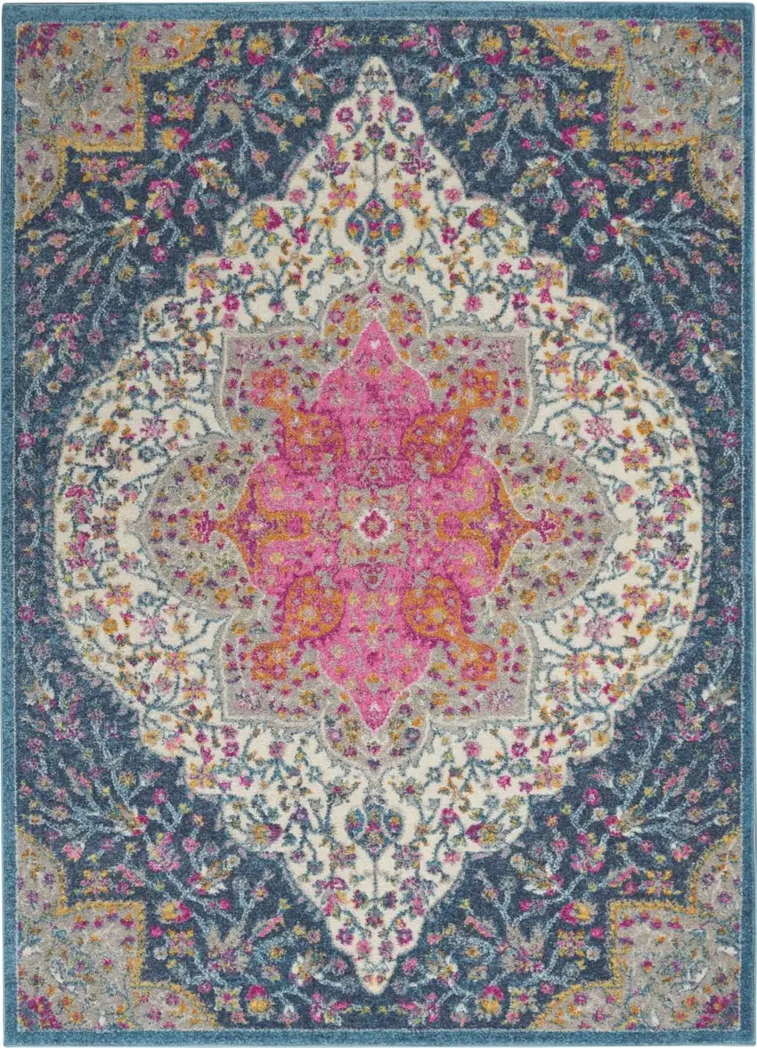 Blue And Ivory Medallion Distressed Area Rug Photo 9