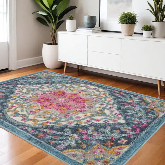 Blue And Ivory Medallion Distressed Area Rug Photo 2