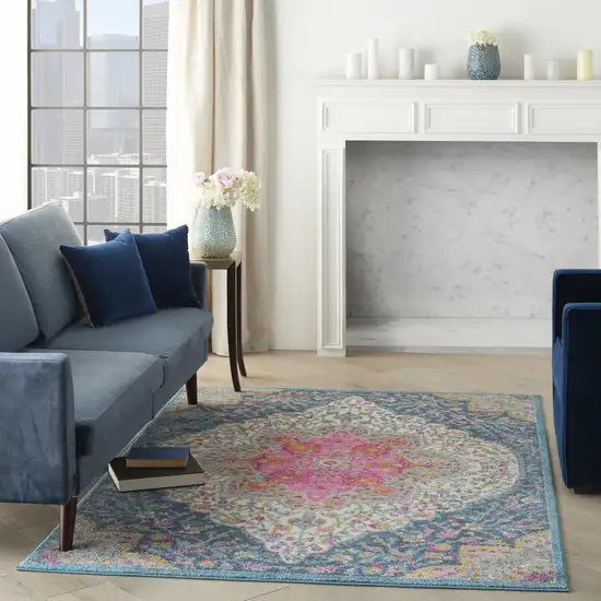 Blue and Pink Medallion Area Rug Photo 6
