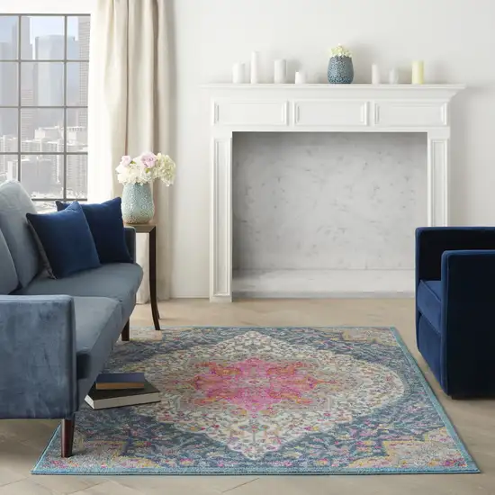 Blue and Pink Medallion Area Rug Photo 4