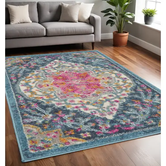 Blue And Ivory Medallion Distressed Area Rug Photo 2