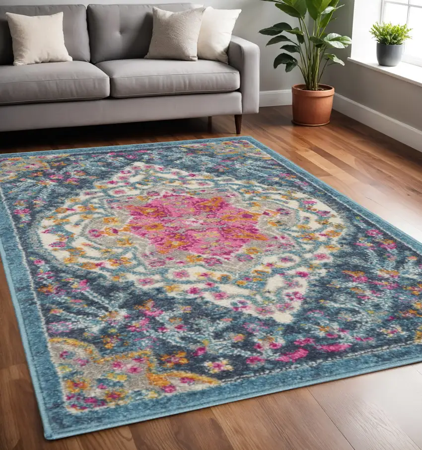 Blue And Ivory Medallion Distressed Area Rug Photo 2