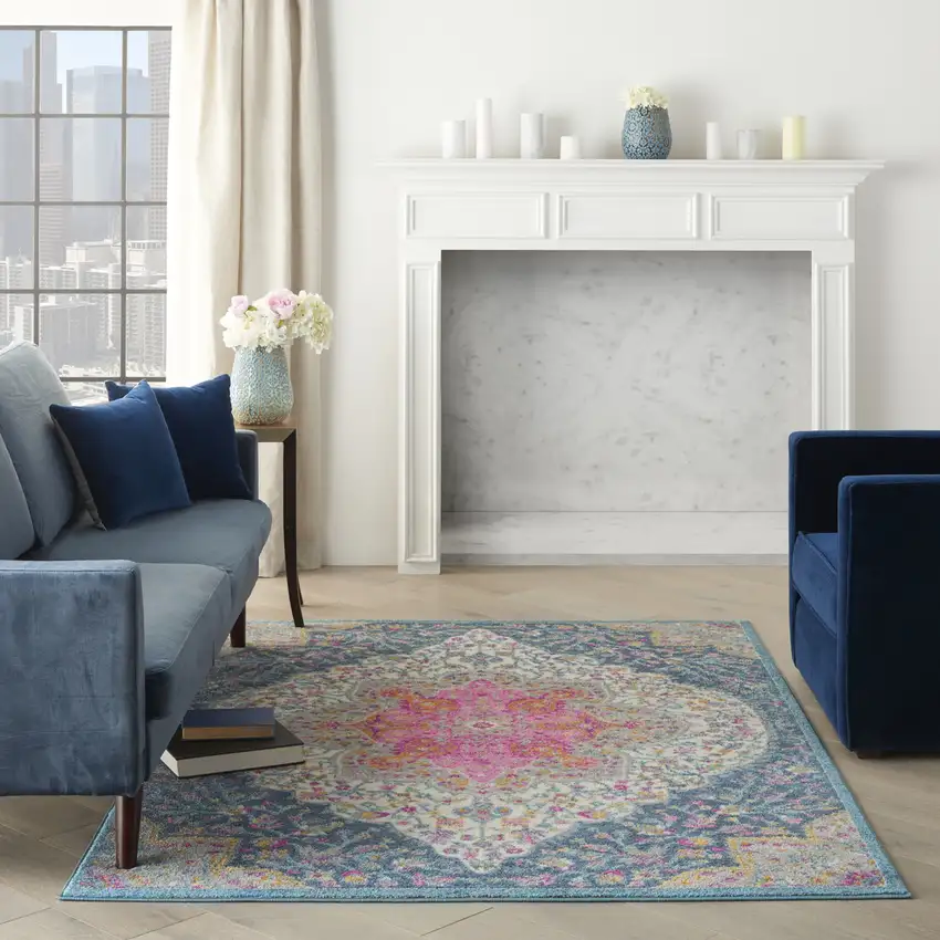 Blue And Ivory Medallion Distressed Area Rug Photo 5