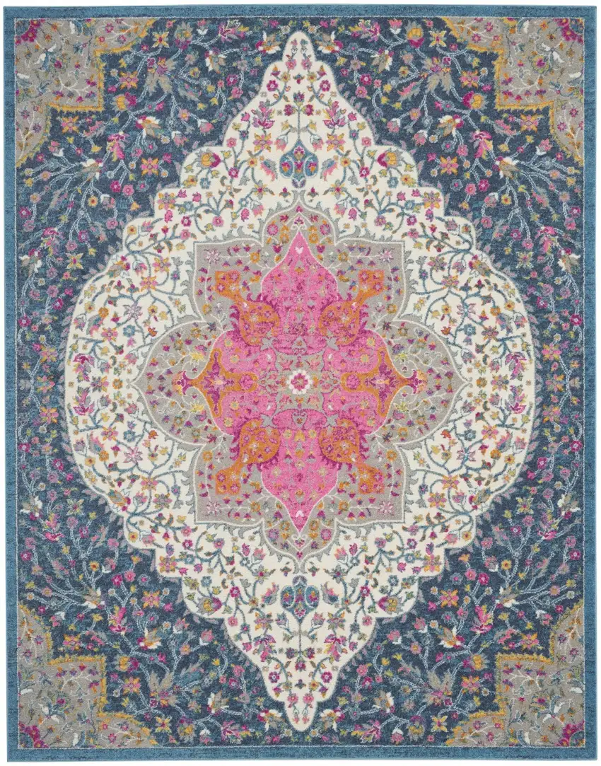 Blue and Pink Medallion Area Rug Photo 1