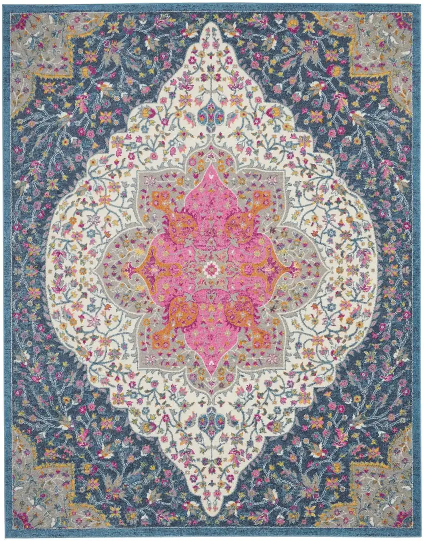 Blue And Ivory Medallion Distressed Area Rug Photo 9