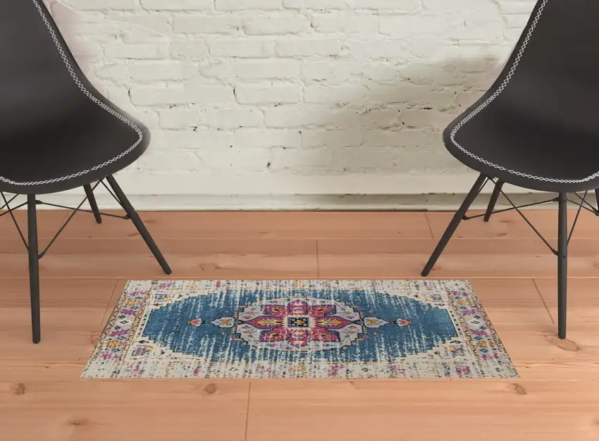 Blue and Pink Medallion Power Loom Area Rug Photo 3