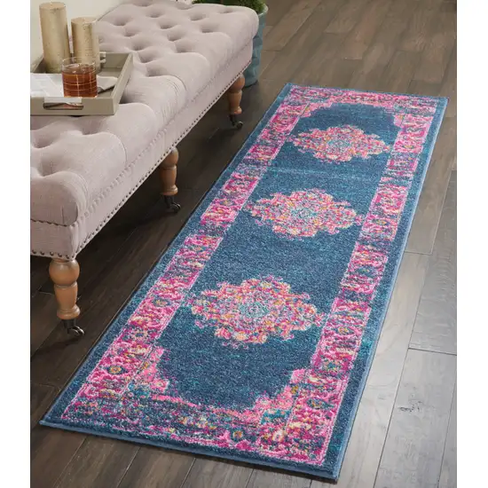 10' Blue And Pink Medallion Distressed Runner Rug Photo 5