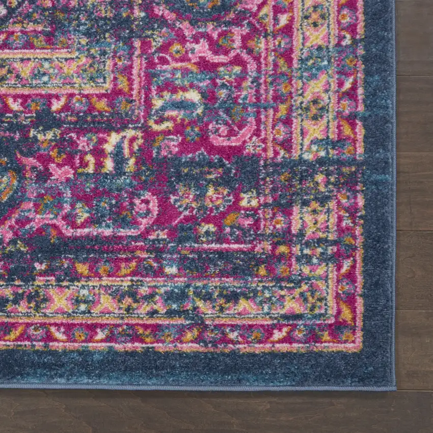 10' Blue And Pink Medallion Distressed Runner Rug Photo 6