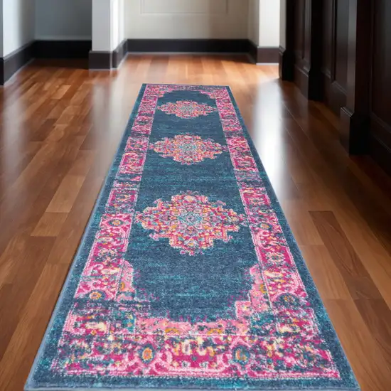 10' Blue And Pink Medallion Distressed Runner Rug Photo 1