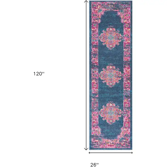 10' Blue And Pink Medallion Distressed Runner Rug Photo 3