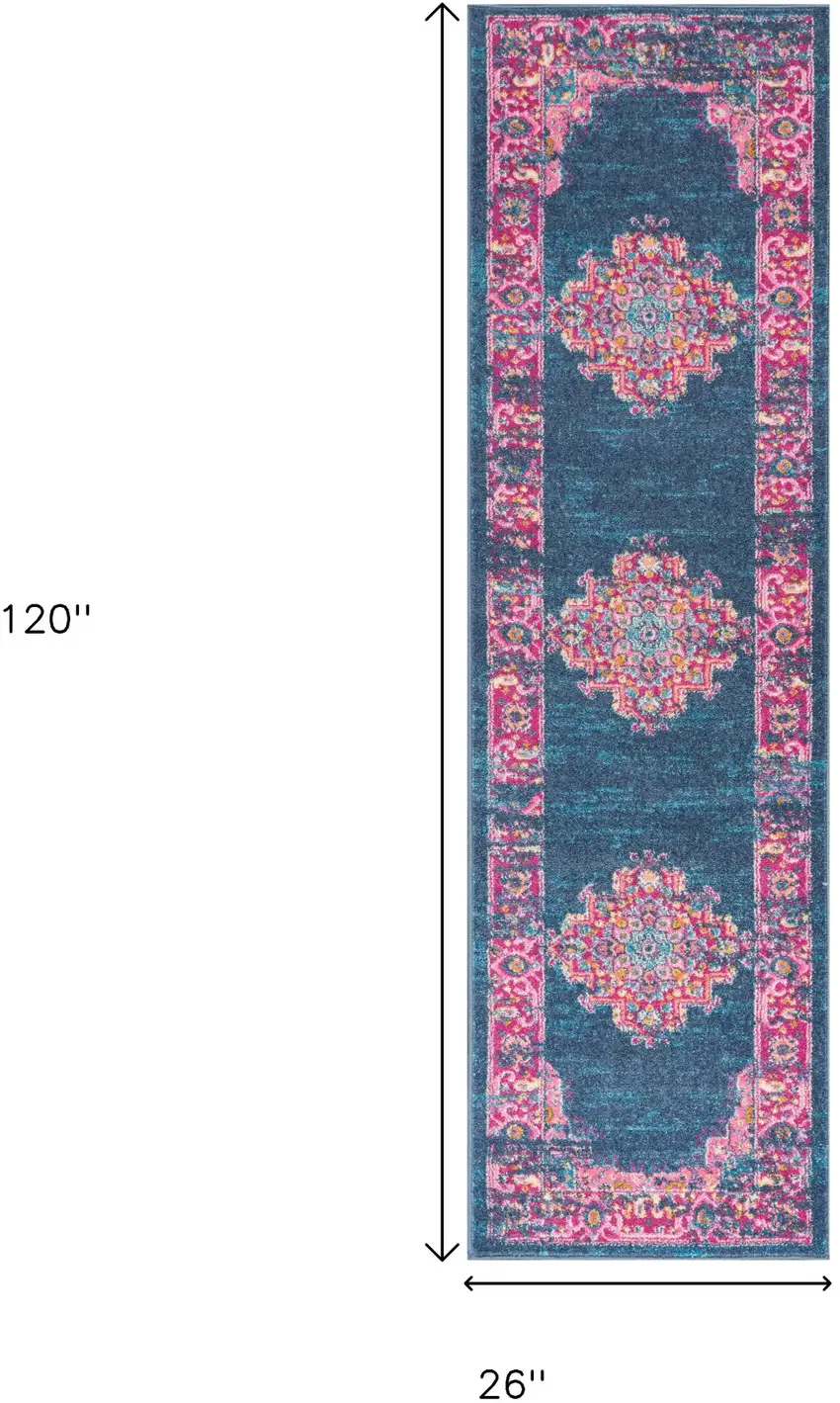 10' Blue And Pink Medallion Distressed Runner Rug Photo 3