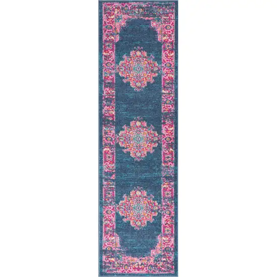 10' Blue And Pink Medallion Distressed Runner Rug Photo 4