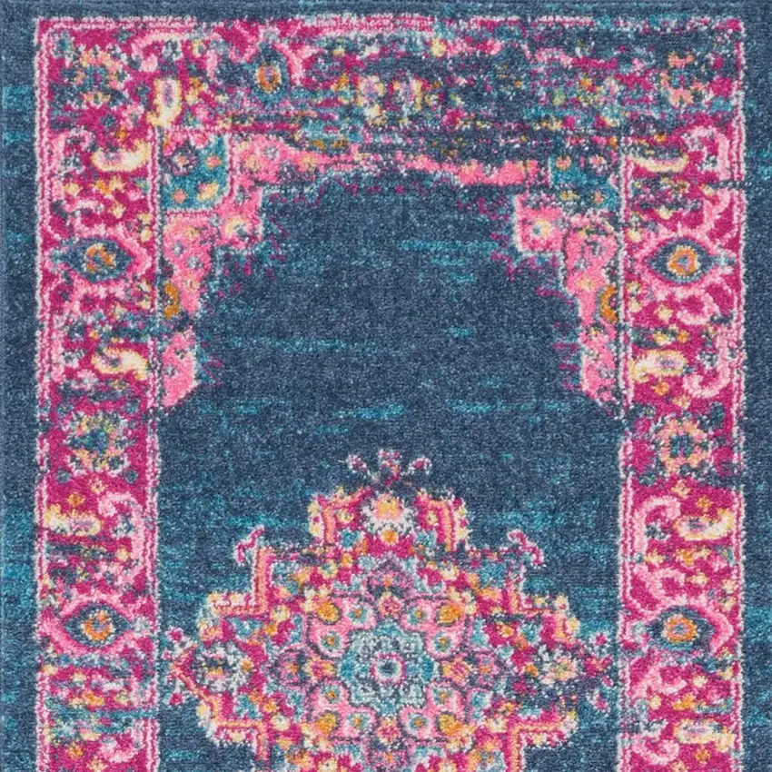 10' Blue And Pink Medallion Distressed Runner Rug Photo 3