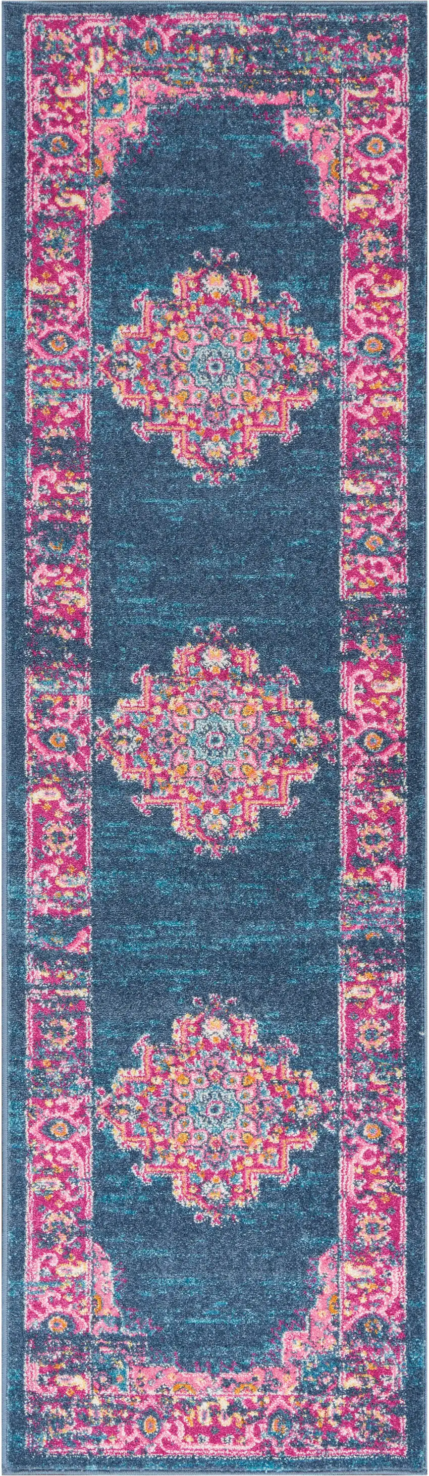 10' Blue And Pink Medallion Distressed Runner Rug Photo 1